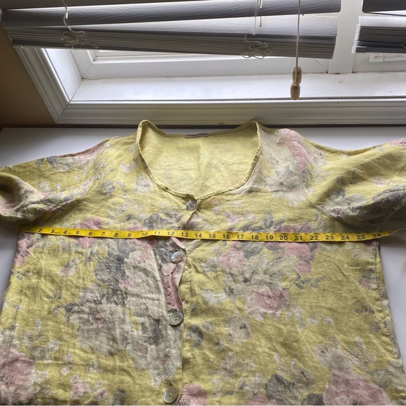 Beyond Capri Linen Tunic Woman One Size Green Floral V Neck Coastal Lagenlook - Picture 10 of 14